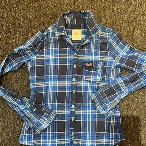 Blue plaid flannel, light material. Button down. Hollister size small